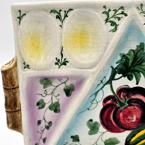 Vintage Hand Painted Italy Vegetable and Egg Crudites Dish D'Oeuvres Platter - Picture 3 of 7